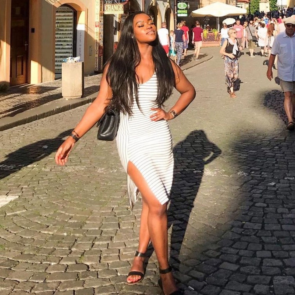 Zara White Striped Midi Dress with Side Slit